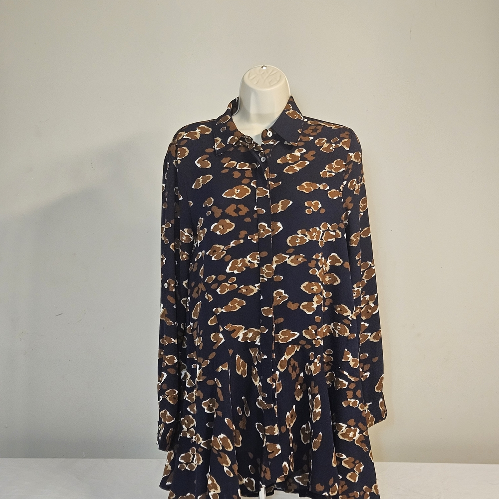 Entro Navy Brown Abstract Animal Print Ruffle Peplum Button Down Tunic Top Small